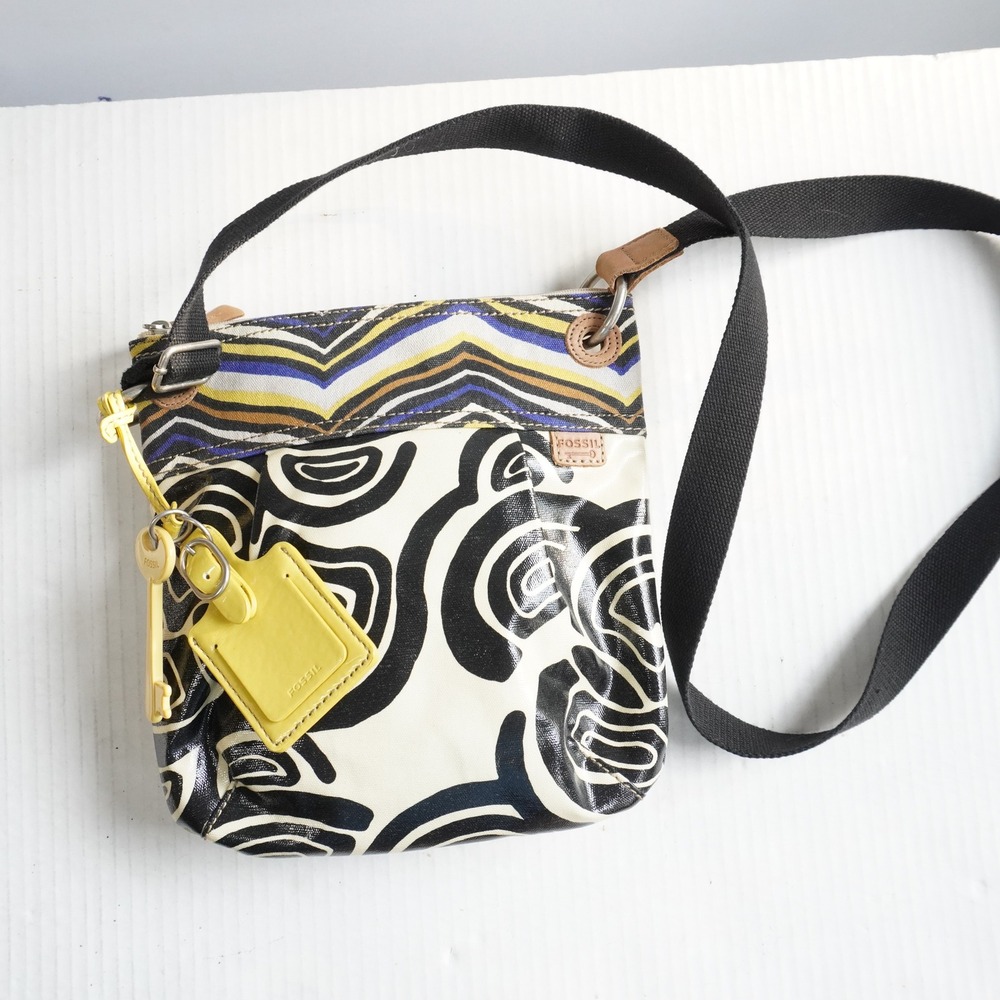 Fossil Key-Per Crossbody Bag Coated Canvas Black Cream Swirl Multi-Color Y2k NEW
